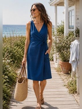 Patagonia Amaia Wrap Dress Women’s Size 10 Blue Organic Cotton Travel Midi Dress